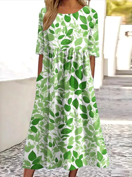

Women Floral Summer Dress Crew Neck Short Sleeve A-Line Dress, Green, Maxi
