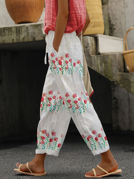 

Women Floral Long Pants Casual Spring/Fall Trousers, White, Pants