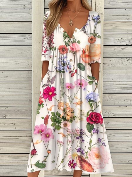 

Women Floral Summer Dress Half Open Collar Half Sleeve A-Line Dress, White, Dresses