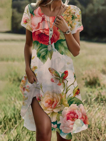 

Women Floral Short Sleeve Summer Printing Dress Crew Neck Daily Casual Mini Tunic H-Line Dress, As picture, Casual Dresses