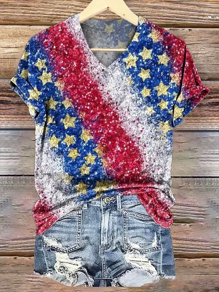 

Casual America Flag V Neck Short Sleeve T-shirt, Blue, T-shirts