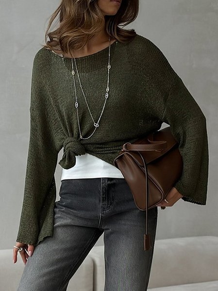 

Women Plain Woven Spring/Fall Casual Long Sleeve Off The Shoulder Cotton Sweater, Darkgreen, Sweaters