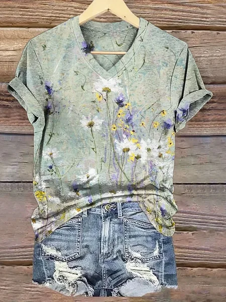 

Casual Floral V Neck Short Sleeve T-shirt, Green, T-shirts