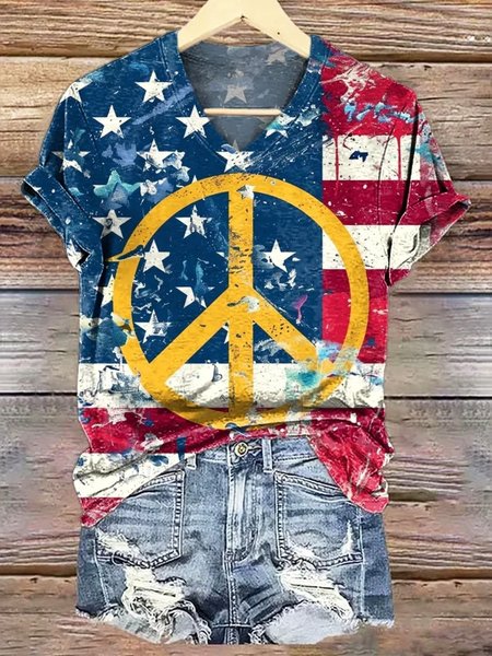 

Casual America Flag V Neck Short Sleeve T-shirt, Blue, T-shirts