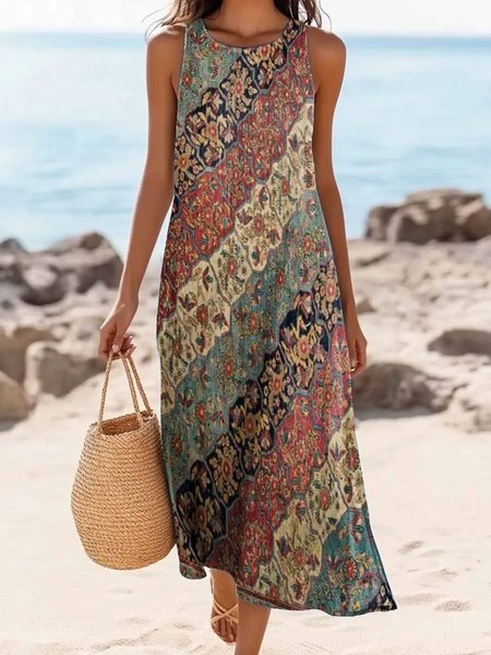 

Women Floral Summer Dress Crew Neck Sleeveless A-Line Dress, Brown, Dresses