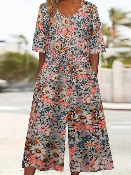 

Women Floral V Neck Half Sleeve Casual Summer Jumpsuit, As picture, Jumpsuits＆Rompers