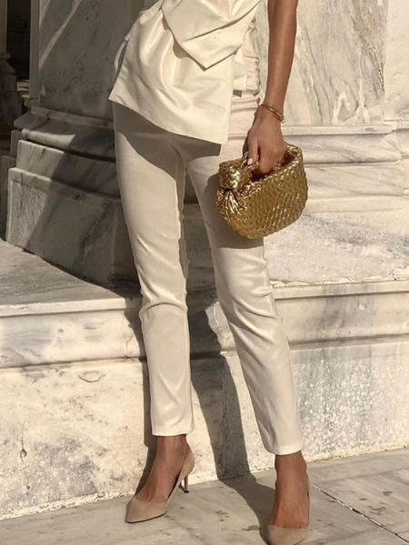 

Casual Plain Buttoned Slim Fit Pants, White, Pants