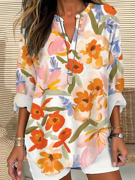 

Women Floral Long Sleeve Blouse Spring/Fall Printing V Neck Daily Casual Top, Orange, Shirts