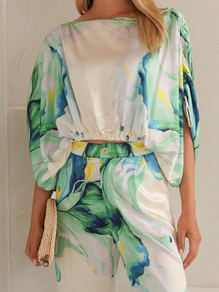 

Vacation Abstract Printing Crew Neck Raglan Sleeves Blouse, As picture, Blouses and Shirts
