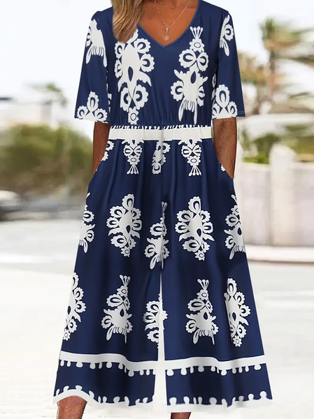 

Women Floral V Neck Half Sleeve Casual Summer Jumpsuit, Purplish blue, Jumpsuits＆Rompers