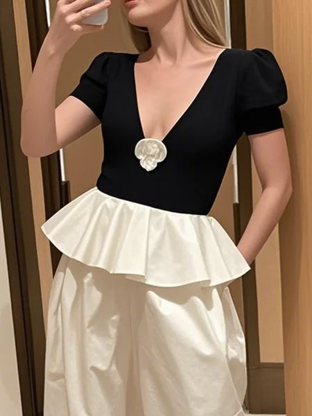 

Urban Color Block Split Joint V Neck Blouse, Black, Blouses and Shirts