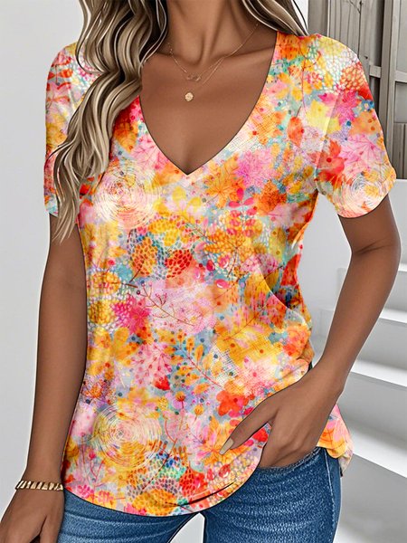 

Casual Floral V Neck Short Sleeve T-shirt, Orange, T-shirts