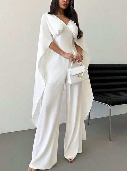 

Elegant Ruched Plain V Neck Jumpsuit, White, Jumpsuits