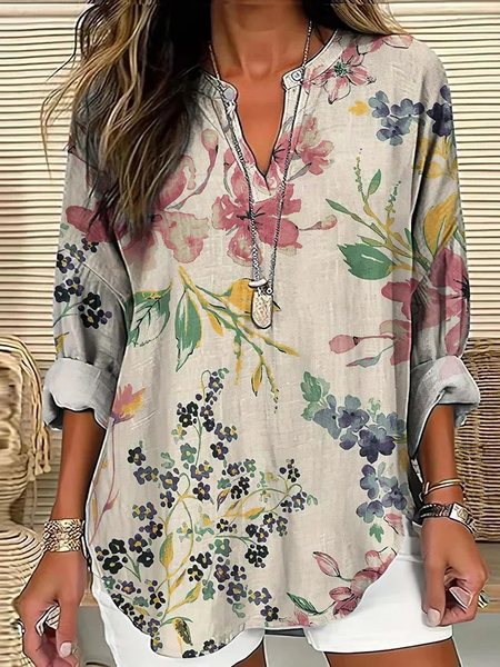 

Women Floral Long Sleeve Blouse Spring/Fall Printing V Neck Daily Casual Top, Light khaki, Shirts