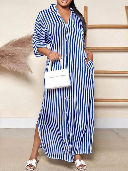 

Casual Striped Buttoned Maxi Dress, Blue, Maxi Dresses