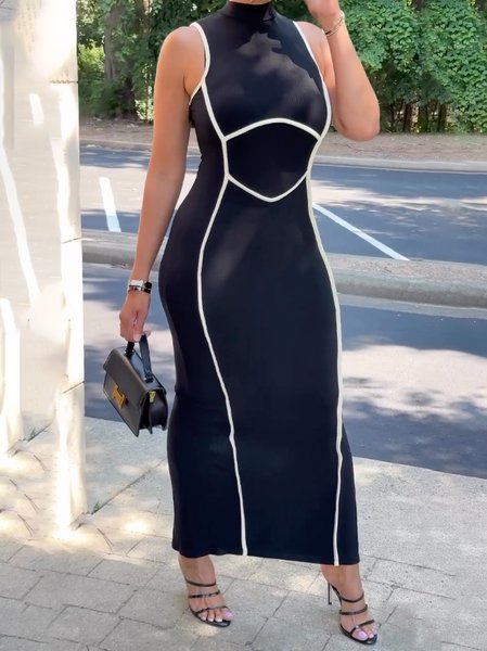 

Elegant Color Block Webbing Stand Collar Maxi Dress, Black-white, Maxi Dresses