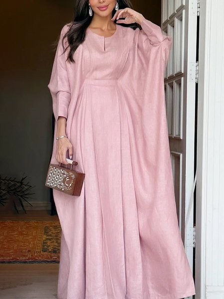 Cotton And Linen Elegant Plain Ruched Crew Neck Maxi Dress