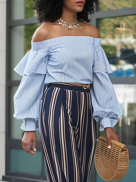 

Urban Striped Peplum Off Shoulder Sleeve Blouse, Blue, Blouses and Shirts
