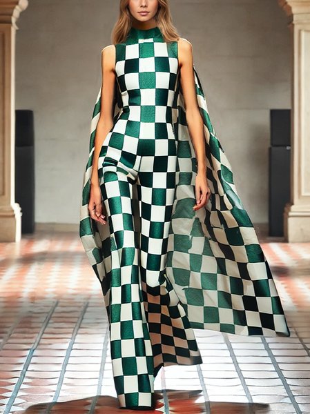 

Elegant Printing Plaid Stand Collar Tank Jumpsuit, Green, Jumpsuits