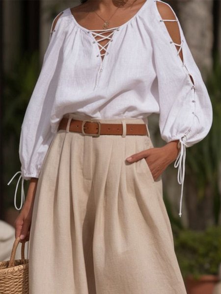 

Linen Blend Casual Plain Raglan Sleeve Blouse, White, Blouses and Shirts
