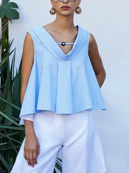 

Casual Striped Printing Shawl Collar Tank Top, Blue, Tanks and Camis
