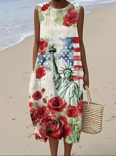 

Women Striped Summer Dress Crew Neck Sleeveless A-Line Dress, White, Maxi