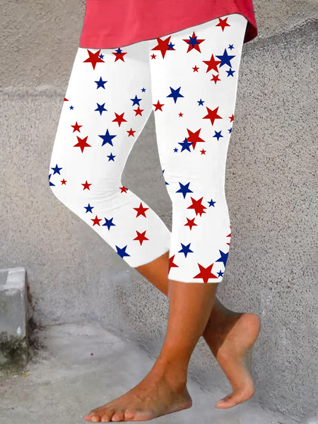 

Women Star Capris Elastic Waist Pants Casual Summer Trousers, White, Pants