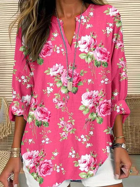 

Women Floral Long Sleeve Blouse Spring/Fall Printing V Neck Daily Casual Top, Pink, Shirts