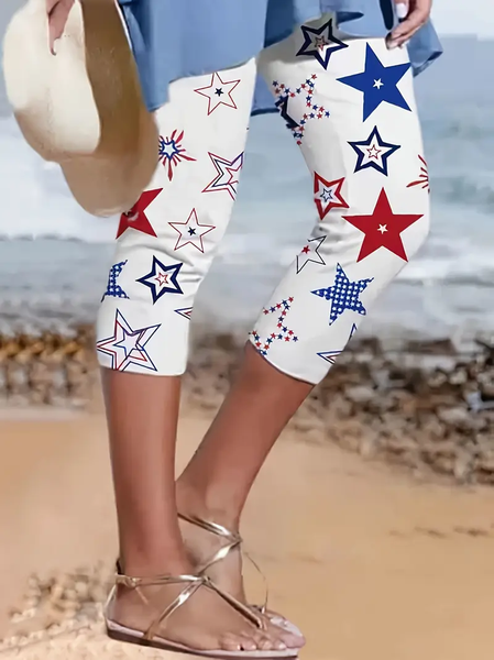

Women Star Capris Elastic Waist Pants Casual Summer Trousers, White, Pants