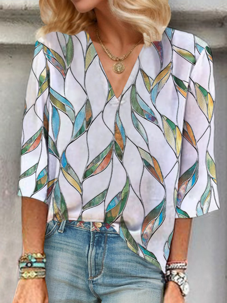 

Women Floral Three Quarter Sleeve Blouse Spring/Fall Printing V Neck Daily Casual Top, White, Blouses