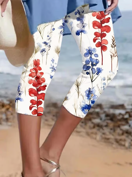 

Women Floral Capris Elastic Waist Pants Casual Summer Trousers, White, Pants