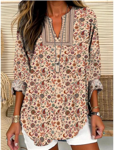 

V Neck Long Sleeve Geometric Regular Micro-Elasticity Regular Fit Shirt For Women, Khaki, Shirts