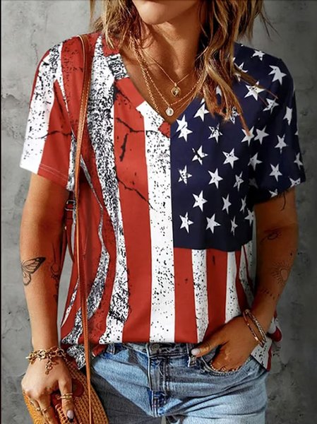 

Casual Floral V Neck Short Sleeve T-shirt, Red, T-shirts