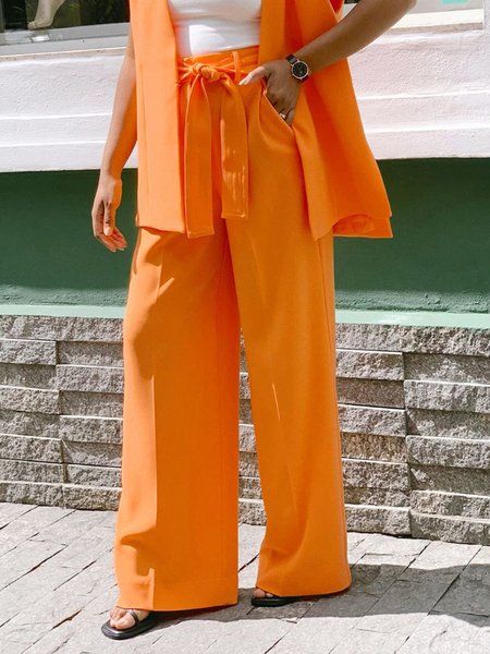 

Urban Plain Wide Leg Pants With Belt, Orange, Pants