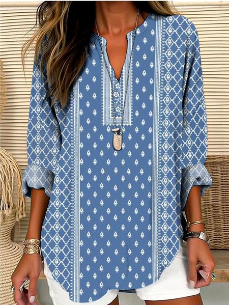 

V Neck Long Sleeve Geometric Regular Micro-Elasticity Regular Fit Shirt For Women, Blue, Shirts