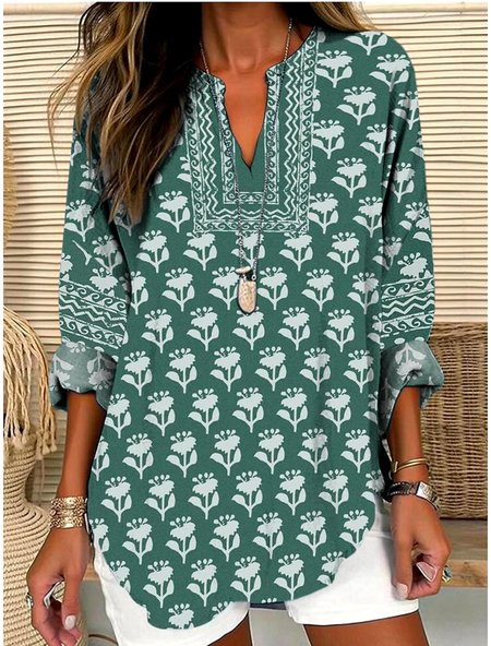 

V Neck Long Sleeve Geometric Regular Micro-Elasticity Regular Fit Shirt For Women, Green, Shirts
