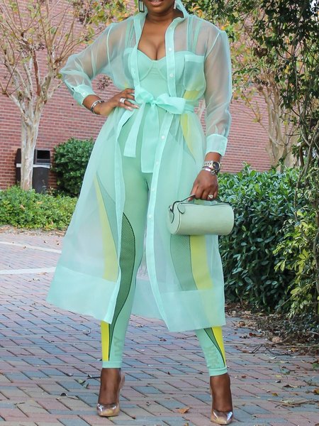 

Urban Plain Shirt Collar Kimono With Belt, Mint, Kimonos