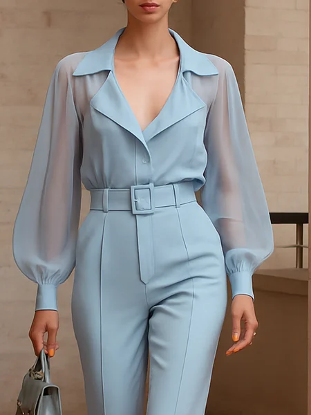 

Urban Plain Split Joint Camp Collar Shirt, Blue, Blouses and Shirts