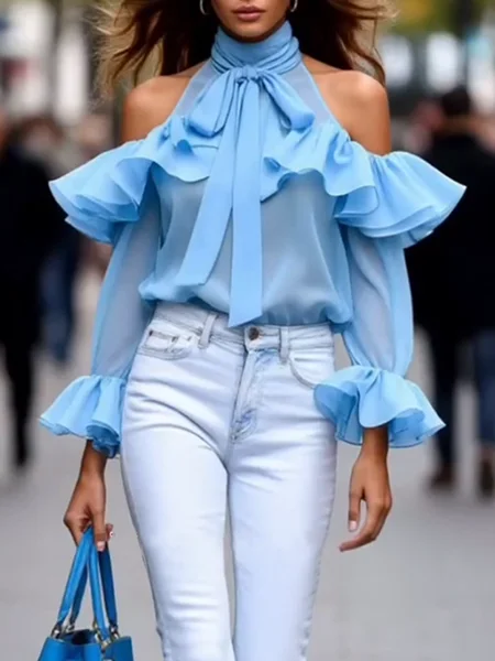 

Urban Plain Peplum Halter Blouse, Blue, Blouses and Shirts