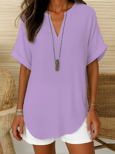 

Women Plain Short Sleeve Shirt Summer Printing V Neck Daily Casual Top, Purple, Shirts