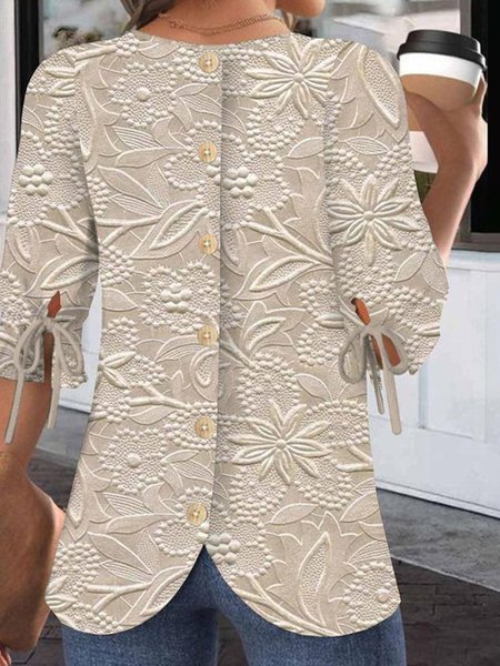 

Crew Neck Balloon Sleeve Half Sleeve Floral Regular Micro-Elasticity Regular Fit Blouse For Women, Apricot, Shirts
