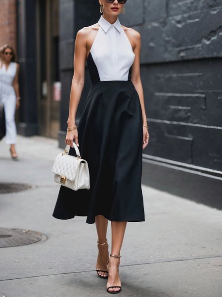

Urban Color Block Split Joint Shirt Collar Midi Dress, Black-white, Midi Dresses