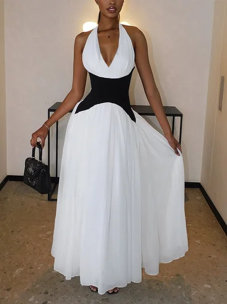 

Elegant Color Block Ruched V Neck Maxi Dress With Belt, Black-white, Maxi Dresses