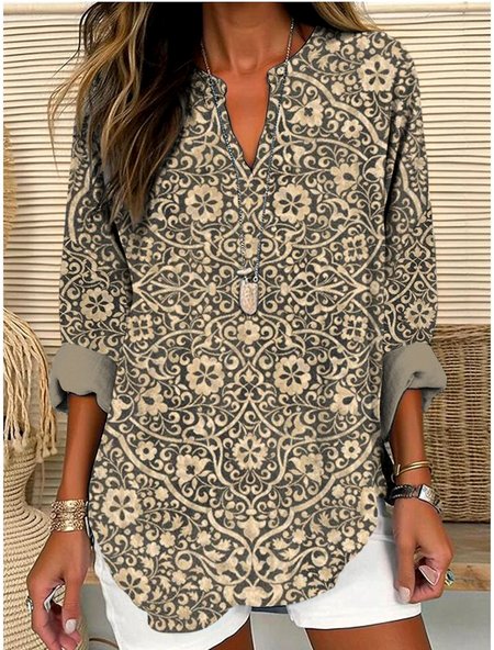 

V Neck Long Sleeve Geometric Regular Micro-Elasticity Regular Fit Shirt For Women, Khaki, Shirts