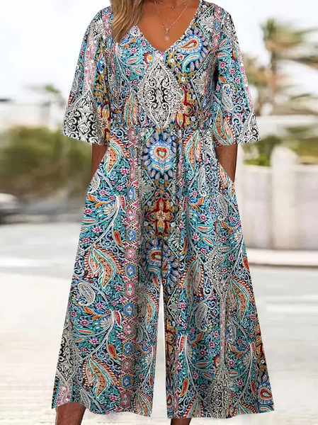 

Women Floral V Neck Half Sleeve Casual Summer Jumpsuit, Blue, Jumpsuits＆Rompers