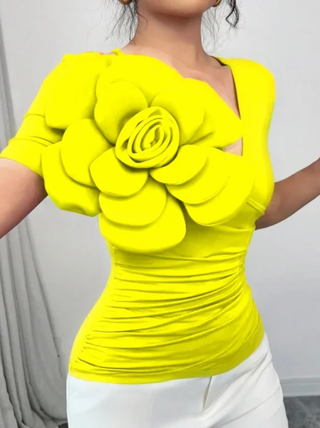 

Urban Plain 3D Floral V Neck T-shirt, Yellow, Tees