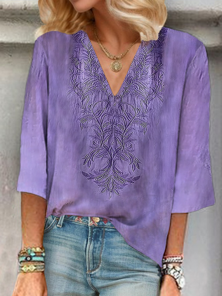 

Women Floral Three Quarter Sleeve Blouse Spring/Fall Printing V Neck Daily Casual Top, Purple, Blouses