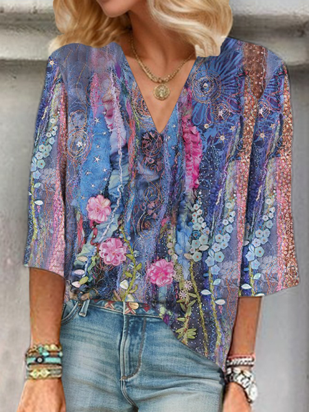 

Women Floral Three Quarter Sleeve Blouse Spring/Fall Printing V Neck Daily Casual Top, Purple, Blouses