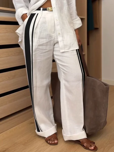 

Linen blend Casual Color Block Straight Pants, White, Pants