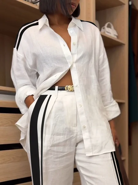 

Linen Blend Casual Color Block Shirt Collar Shirt, White, Blouses and Shirts